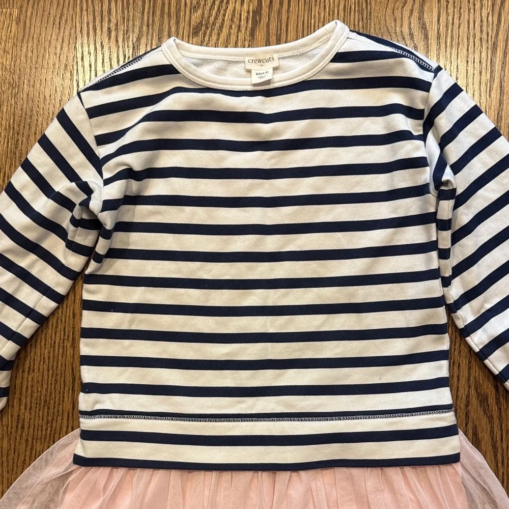 Crewcuts Striped Navy and Pink  sweatshirt dress wilth Tulle - Picture 3 of 7